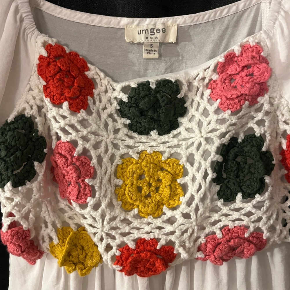 Umgee Women's Colorful Floral Crochet Blouse - White, Red, Pink, Yellow, Green